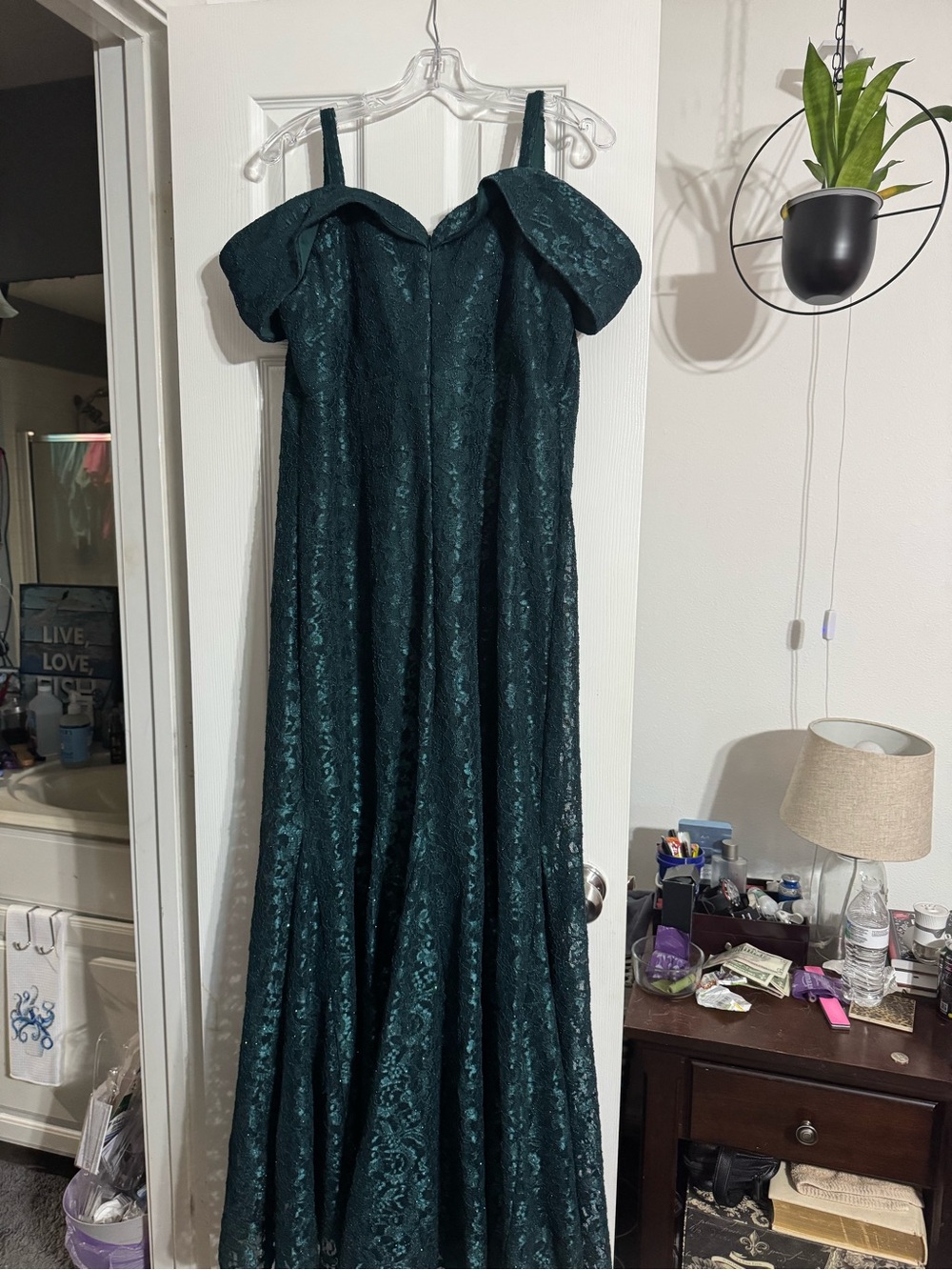 R&M Richards Emerald Green Off-Shoulder Lace Maxi Dress